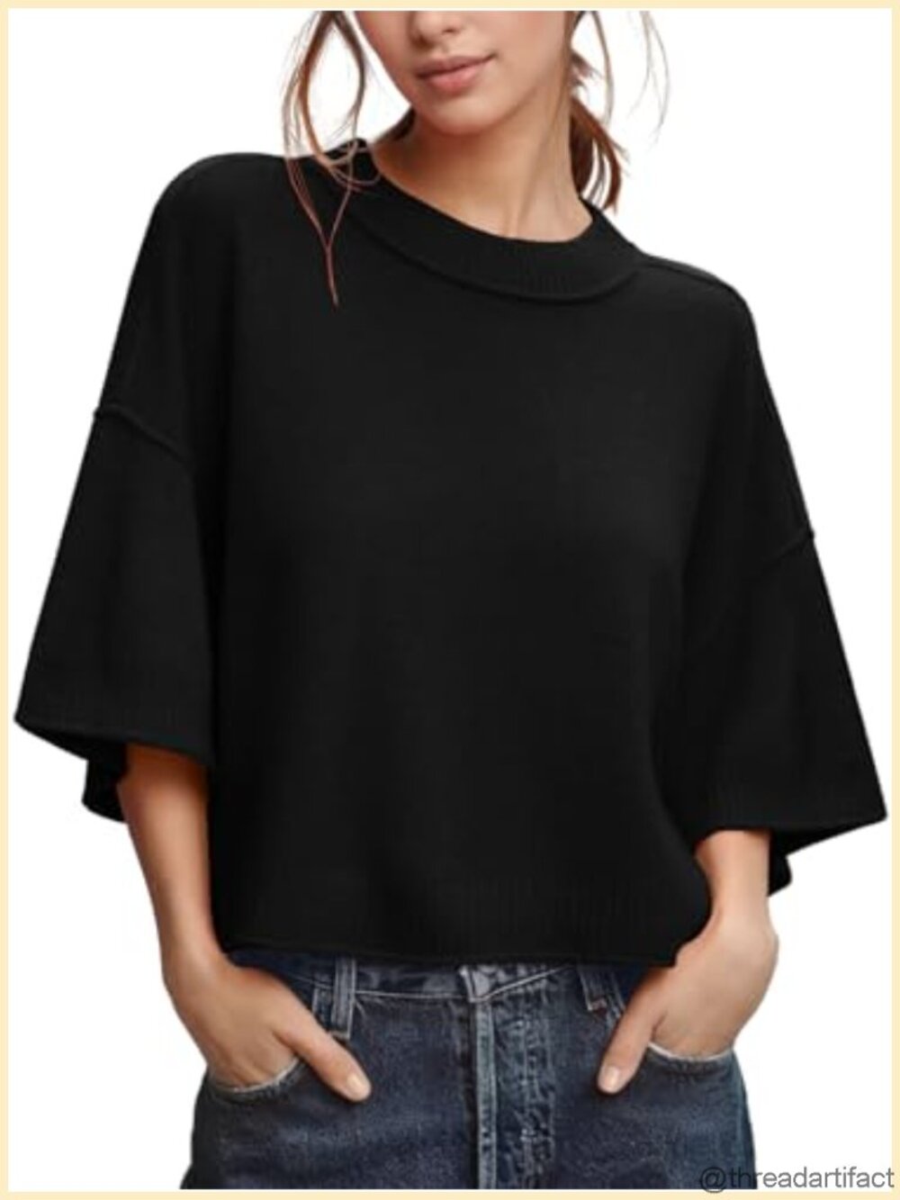 Womens Oversized Cropped Knit Sweater Short Sleeve Casual Pullover Top